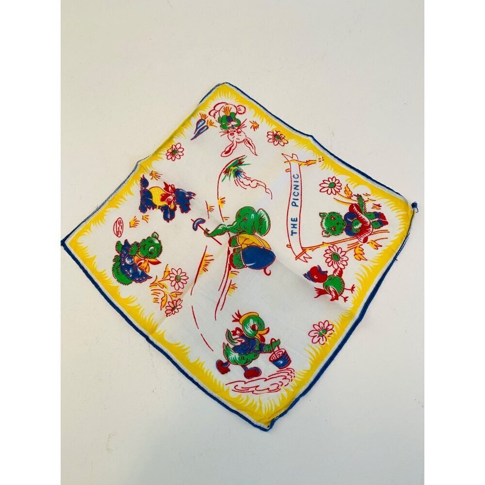 Vintage Child's Hankie from the 1940s, The Picnic Whimsical Novelty Print Hankie - Picture 2 of 8